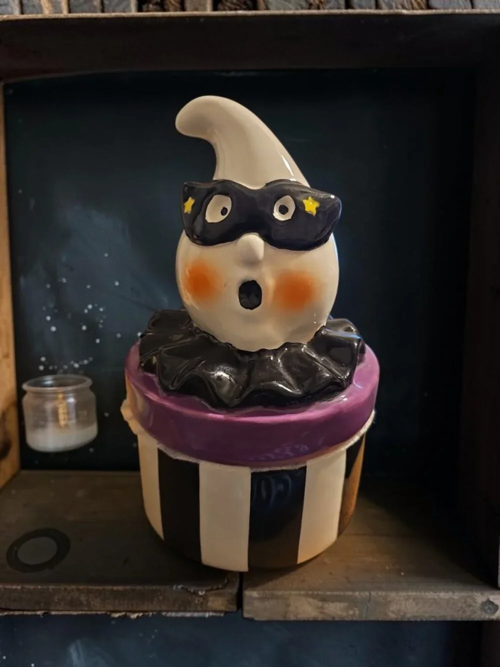 Halloween Ceramic Ghost Figurine – Mask & Star Design – Striped Base – Cute Spoo